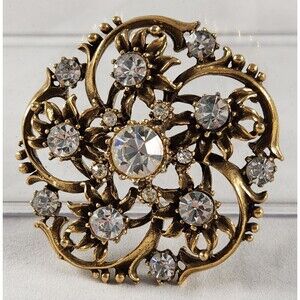 Signed Coro Brooch Pin Clear Rhinestone Round Flower Antiqued Gold Tone 2"